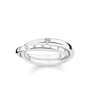 Forever Together diamond ring: sterling silver band, engraved "FOREVER," featuring a heart-shaped diamond accent.
