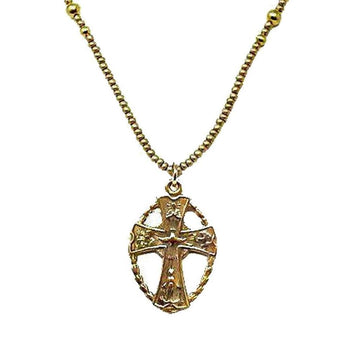 Gold Four Way Cross necklace with seed pearl chain.
