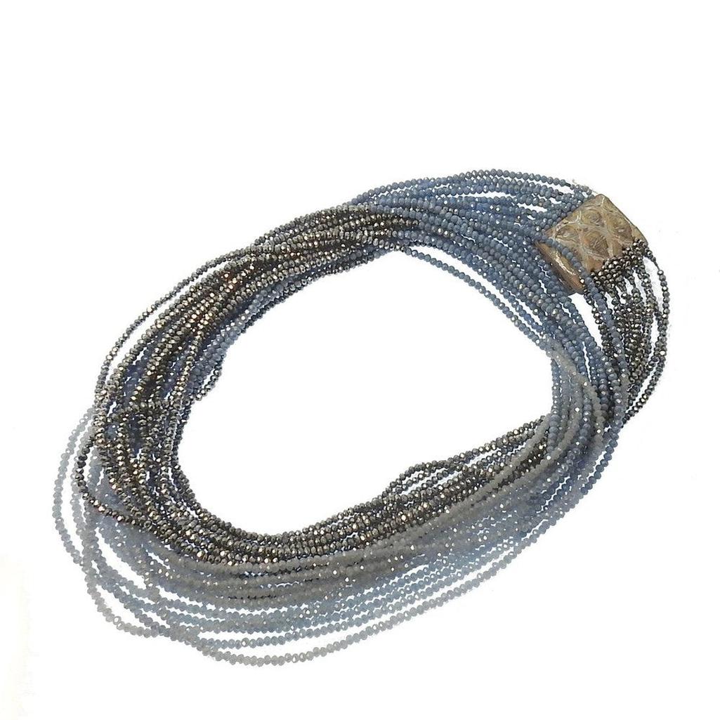Francesca Necklace: Multi-strand necklace with ombre gray and blue crystal beads and silver clasp.

