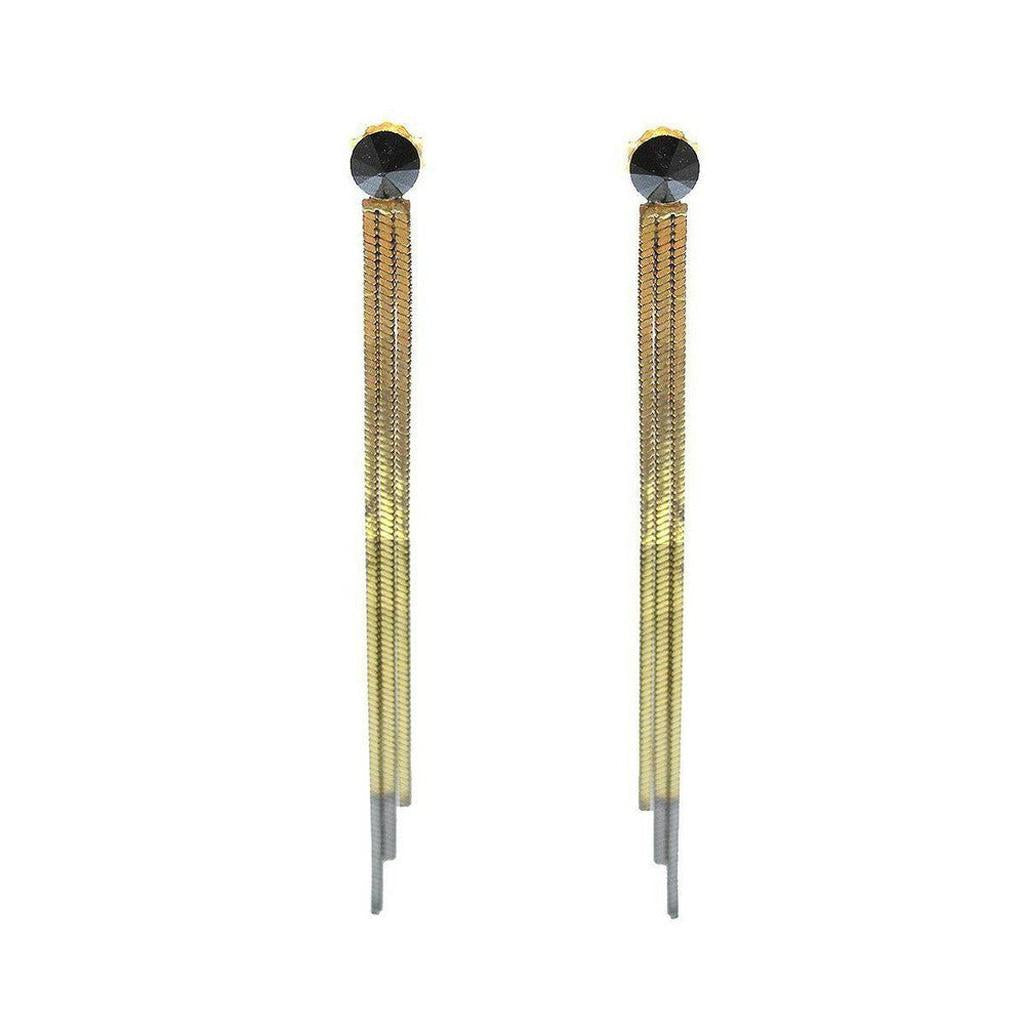 Long gold and silver fringe earrings with black crystal accents.
