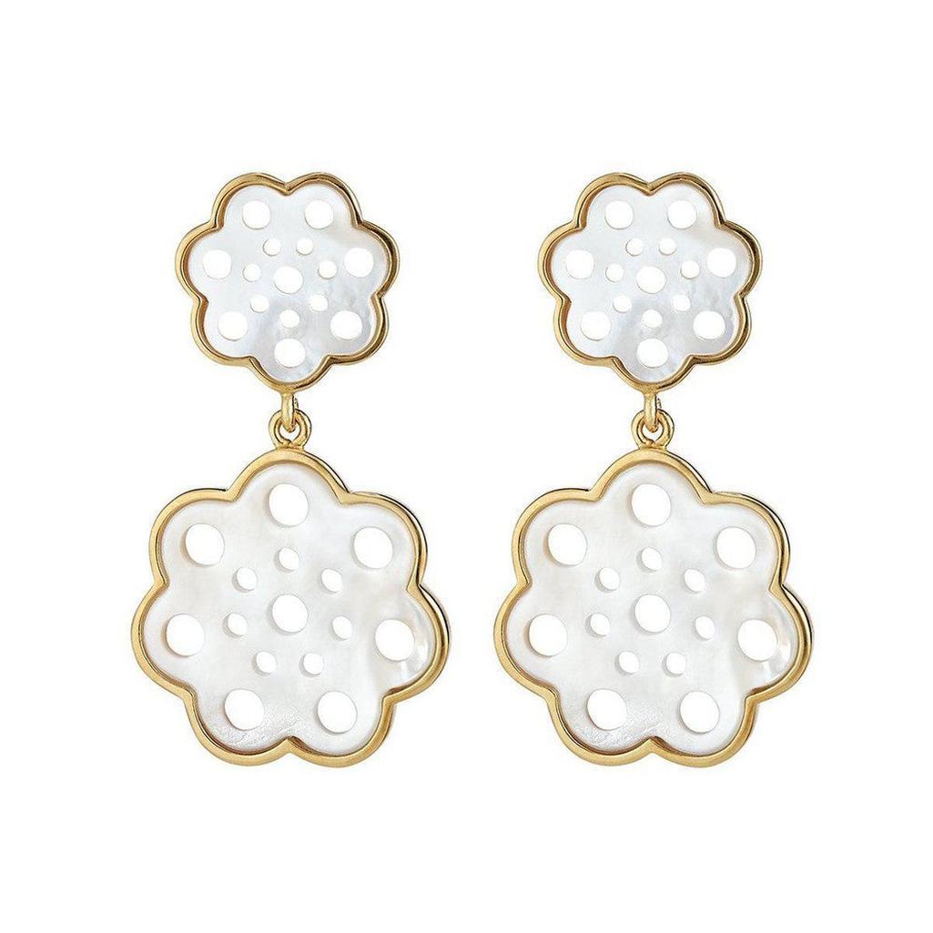 Gardenia double-flower drop earrings in white mother-of-pearl with gold accents.
