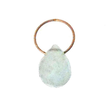 Teardrop-shaped pale blue gemstone pendant on copper wire setting.

