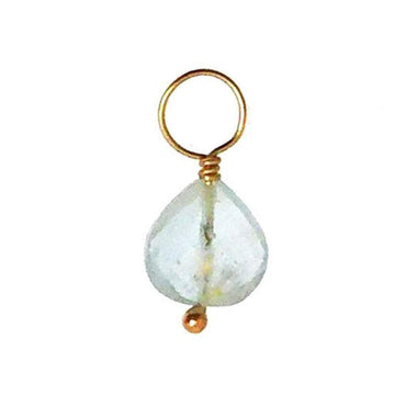 Gold-wire wrapped teardrop aquamarine charm with a tiny gold bead accent.

