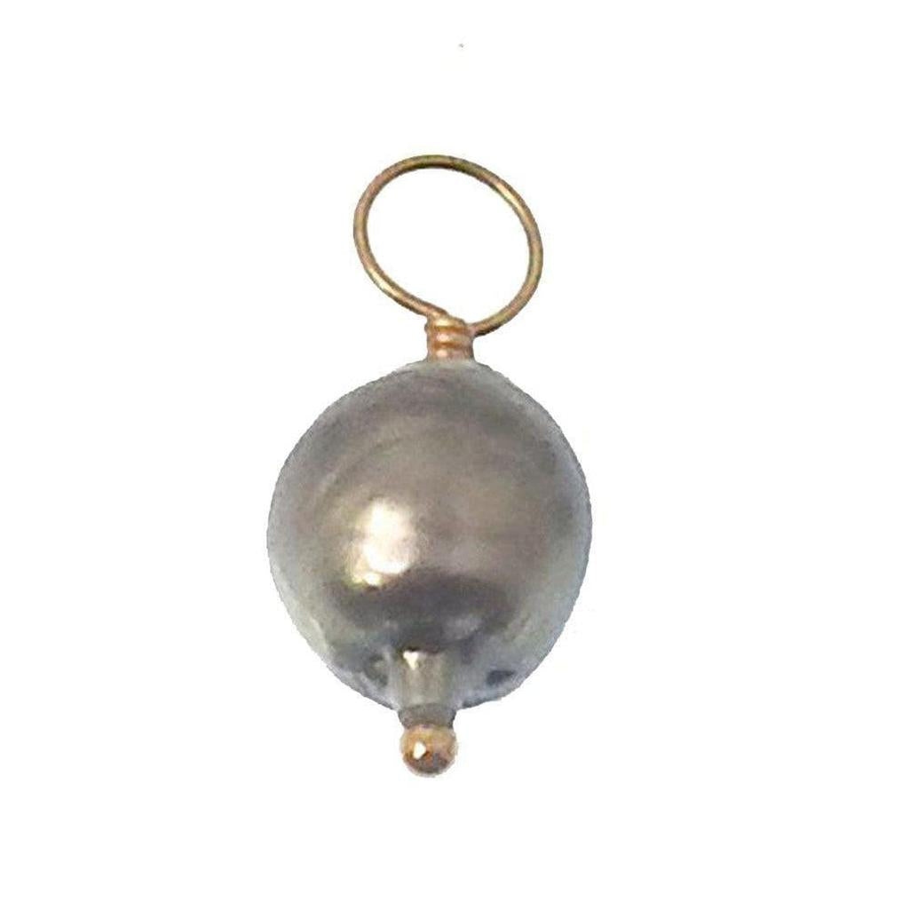 Dark gray gemstone pendant with gold accent, showcasing a lustrous pearl.
