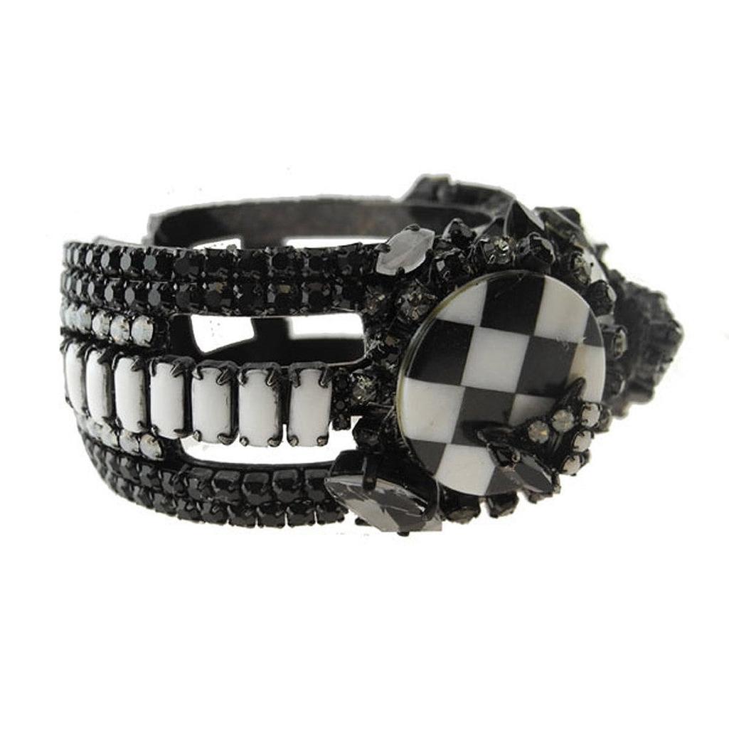 Black and white rhinestone bracelet with checkerboard detail
