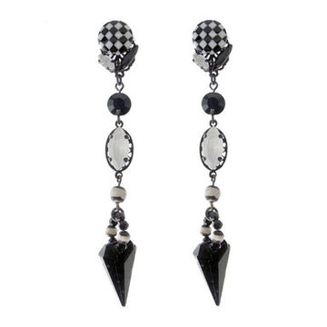 Black and white checkerboard clip-on earrings with black and clear crystal accents.
