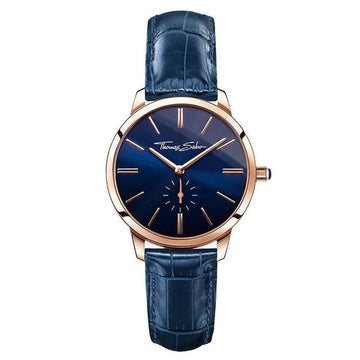 Glam Spirit Blue Rose Thomas Sabo watch with rose gold case and dark blue leather strap.
