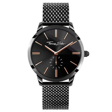 Thomas Sabo Glam Spirit Mesh Black Rosé watch with black dial, rose gold hands, and black mesh band.
