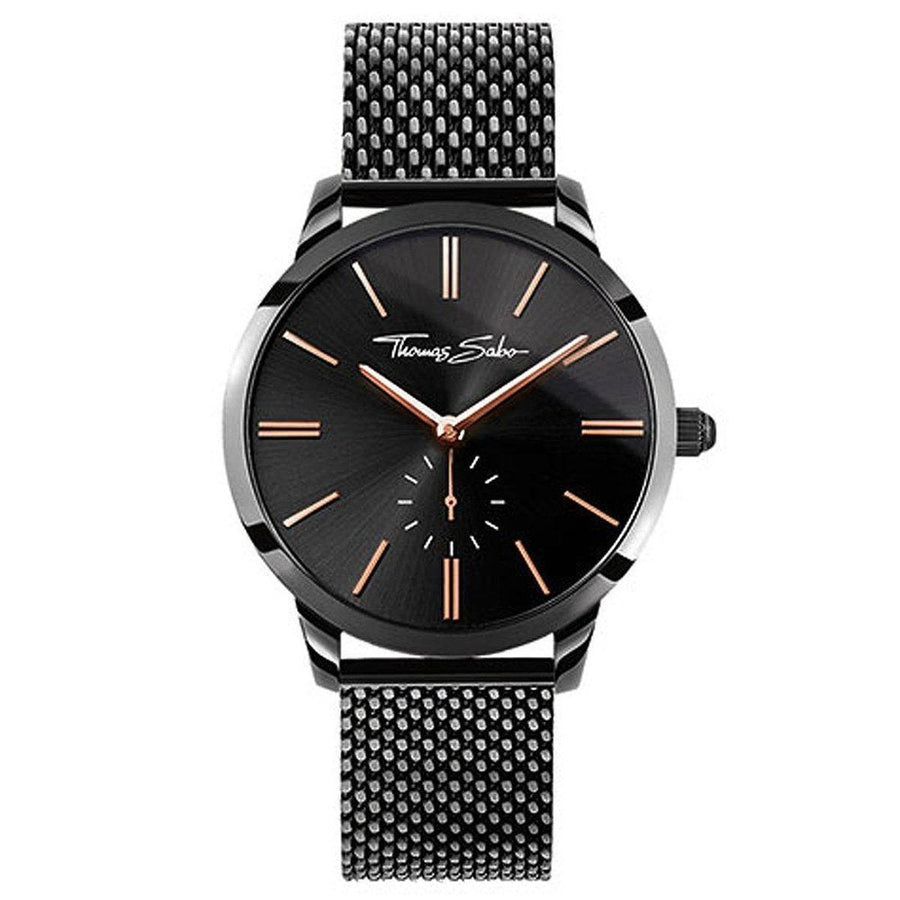 Thomas Sabo Glam Spirit Mesh Black Rosé watch with black dial, rose gold hands, and black mesh band.
