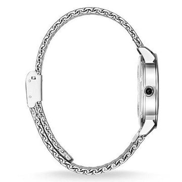 Silver mesh band watch, side profile view.
