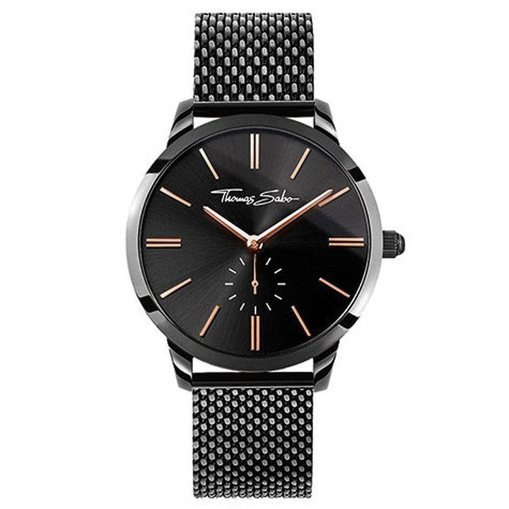 Glam Spirit watch, Thomas Sabo, black dial with rose gold hands, black metal mesh band.
