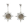 Glorious Star earrings: Silver sunburst design featuring a St. Christopher medal, accented with a star charm.
