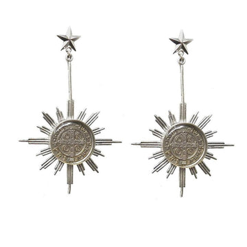 Glorious Star earrings: Silver sunburst design featuring a St. Christopher medal, accented with a star charm.
