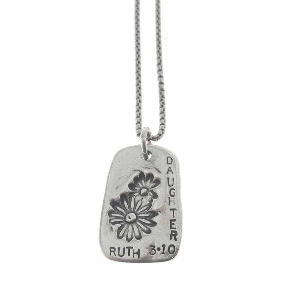 Silver necklace featuring a rectangular pendant with floral etching and "Daughter Ruth 3:10" inscription.
