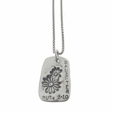 Silver necklace featuring a rectangular pendant with floral etching and "Daughter Ruth 3:10" inscription.
