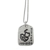 God Tag Mother necklace: silver, rectangular pendant with "MOTHER" and "PRO 31-28" engraving, featuring a unique design.
