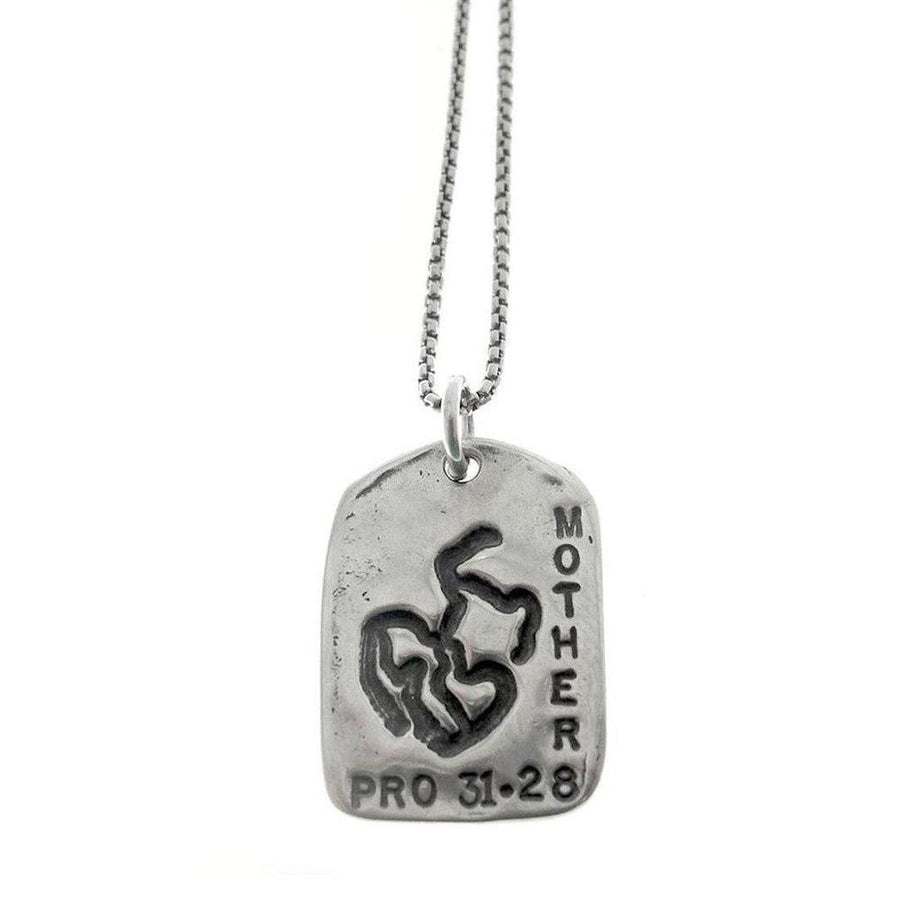 God Tag Mother necklace: silver, rectangular pendant with "MOTHER" and "PRO 31-28" engraving, featuring a unique design.
