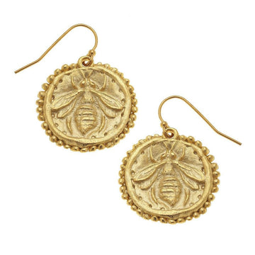 Gold Bee On Wire earrings: Gold-tone bee charm on round disc, beaded edge, stylish drop earrings.
