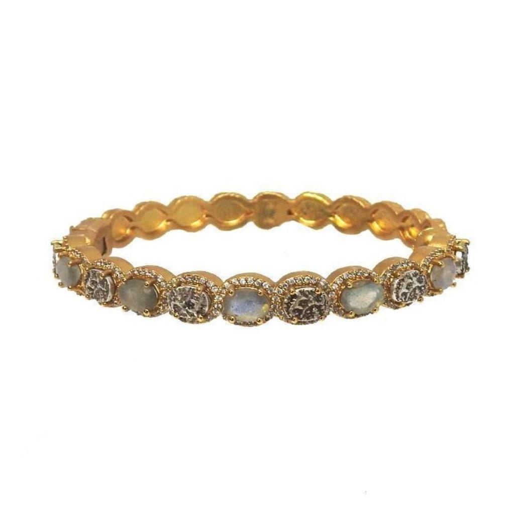 Gold Hati Hinged Bangle Bracelet with moonstone and diamond accents.
