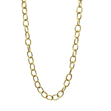 Gold chain necklace with textured oval links.
