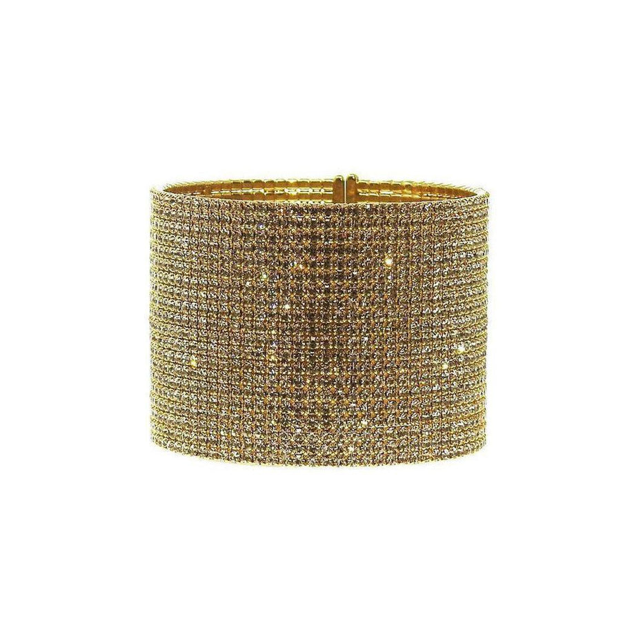 Gold pave crystal cuff bracelet, dazzling gold-tone metal base fully encrusted with sparkling crystals.
