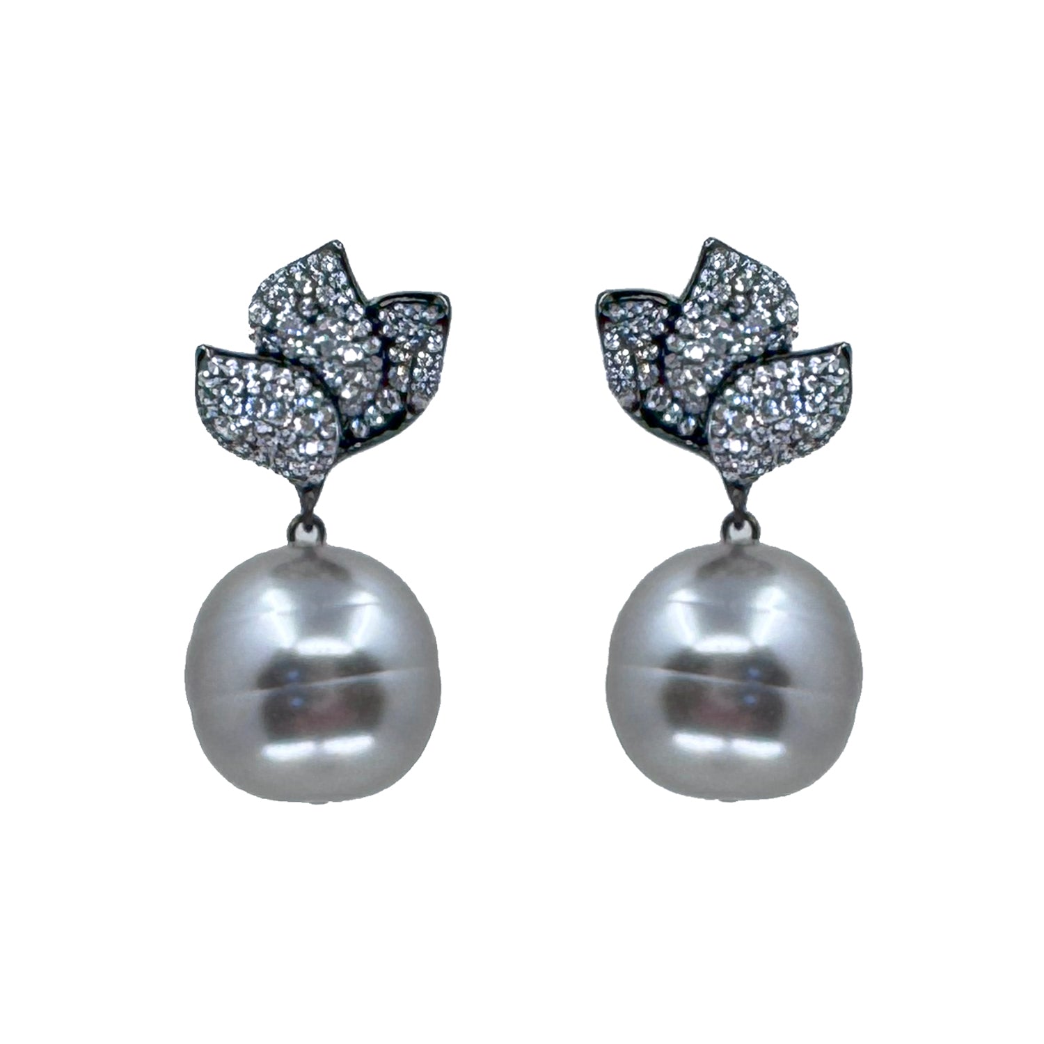 Gray Pearl Drop With Pave Crystal Earrings-Theia Jewelry-Swag Designer Jewelry