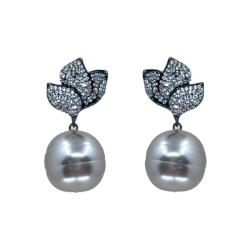 Gray Pearl Drop With Pave Crystal Earrings-Theia Jewelry-Swag Designer Jewelry