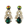 Emerald green crystal drop earrings with iridescent and clear crystal accents.

