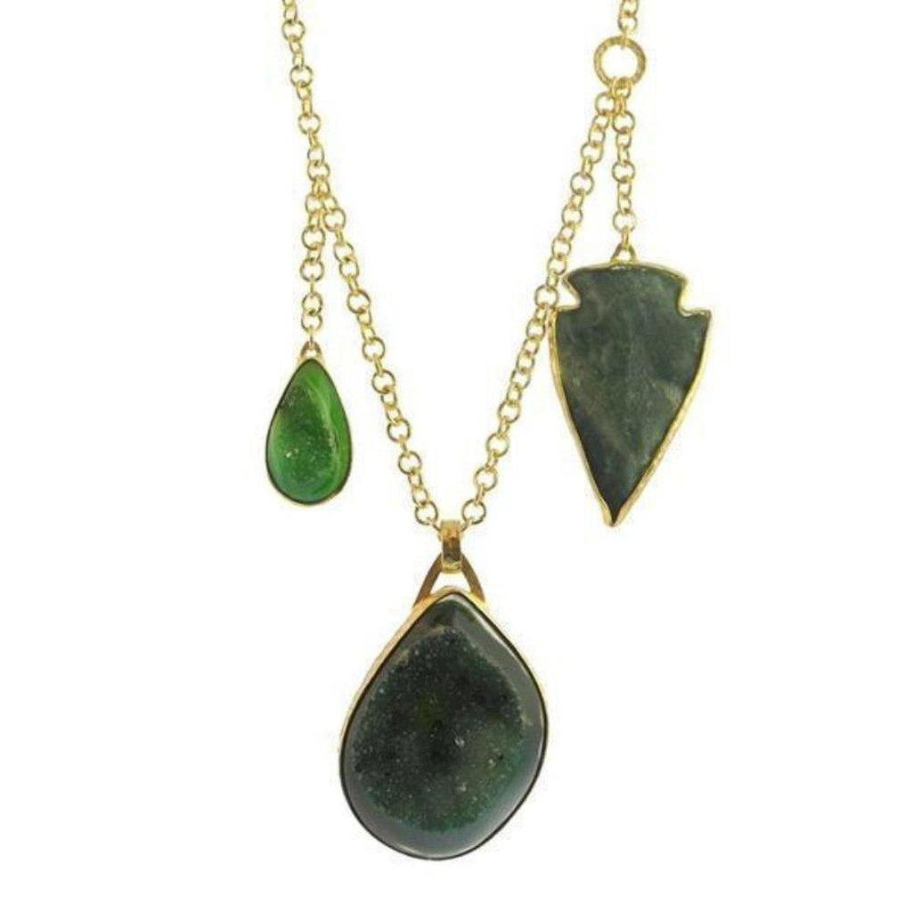 Green Drusy, Arrowhead Agate necklace: gold chain, teardrop & arrowhead pendants.
