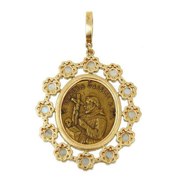 Gold St. Francis of Assisi medal pendant, ornate floral frame.
