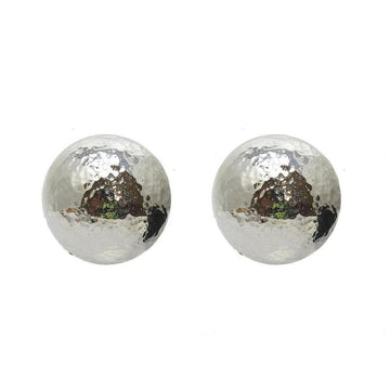 Hammered silver button clip earrings; textured, round design.
