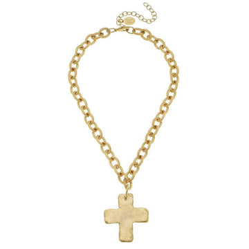 Gold chain necklace featuring a textured cross pendant.
