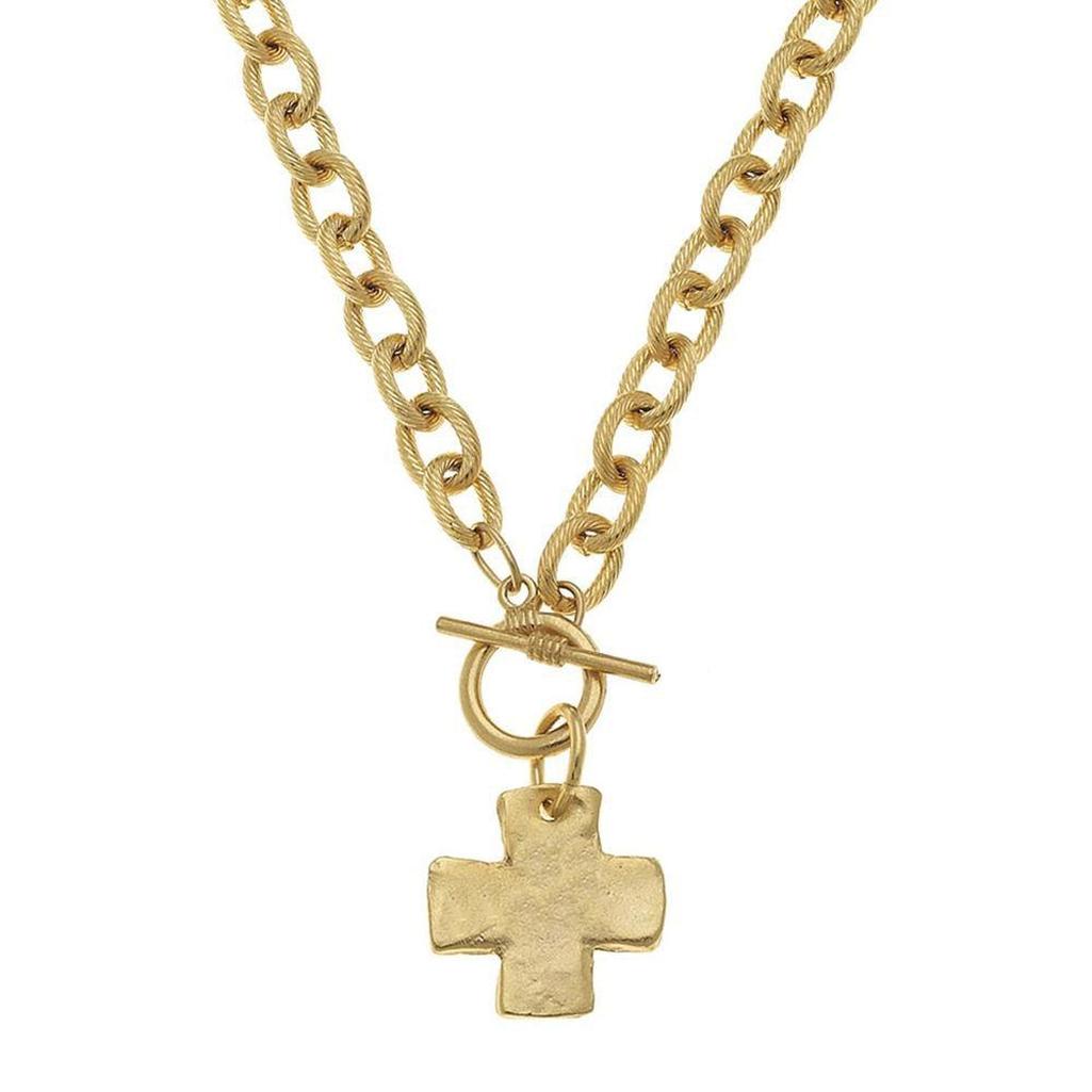 Hand-cast gold cross toggle necklace with textured chain
