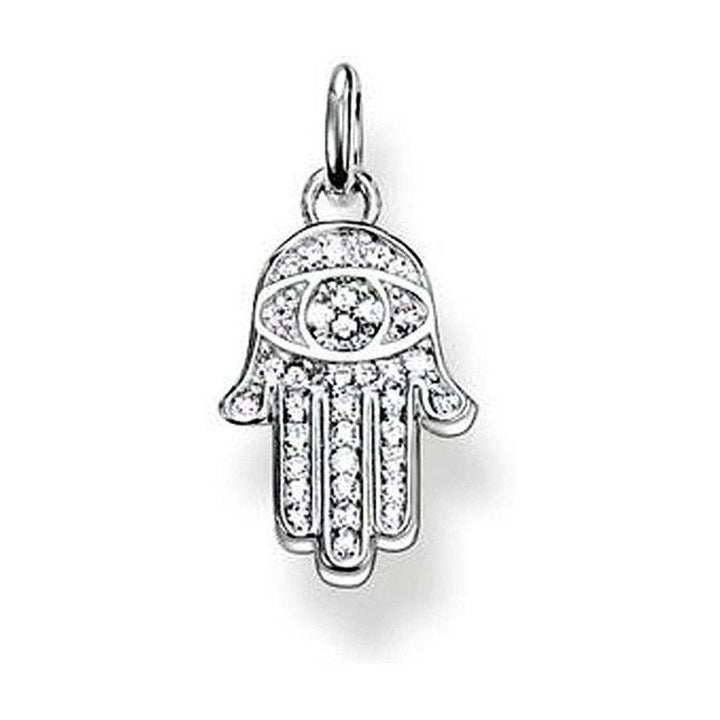 Silver Hand of Fatima pendant with clear cubic zirconia accents.
