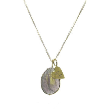 Gold chain necklace featuring an oval aqua moss quartz pendant and a small heart charm.
