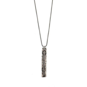 Silver cross pendant necklace with textured rectangular charm.
