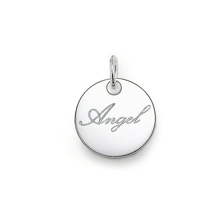 Silver "Angel" heart pendant charm, delicate script.
