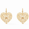 Gold filigree heart earrings with sparkling clear stones.
