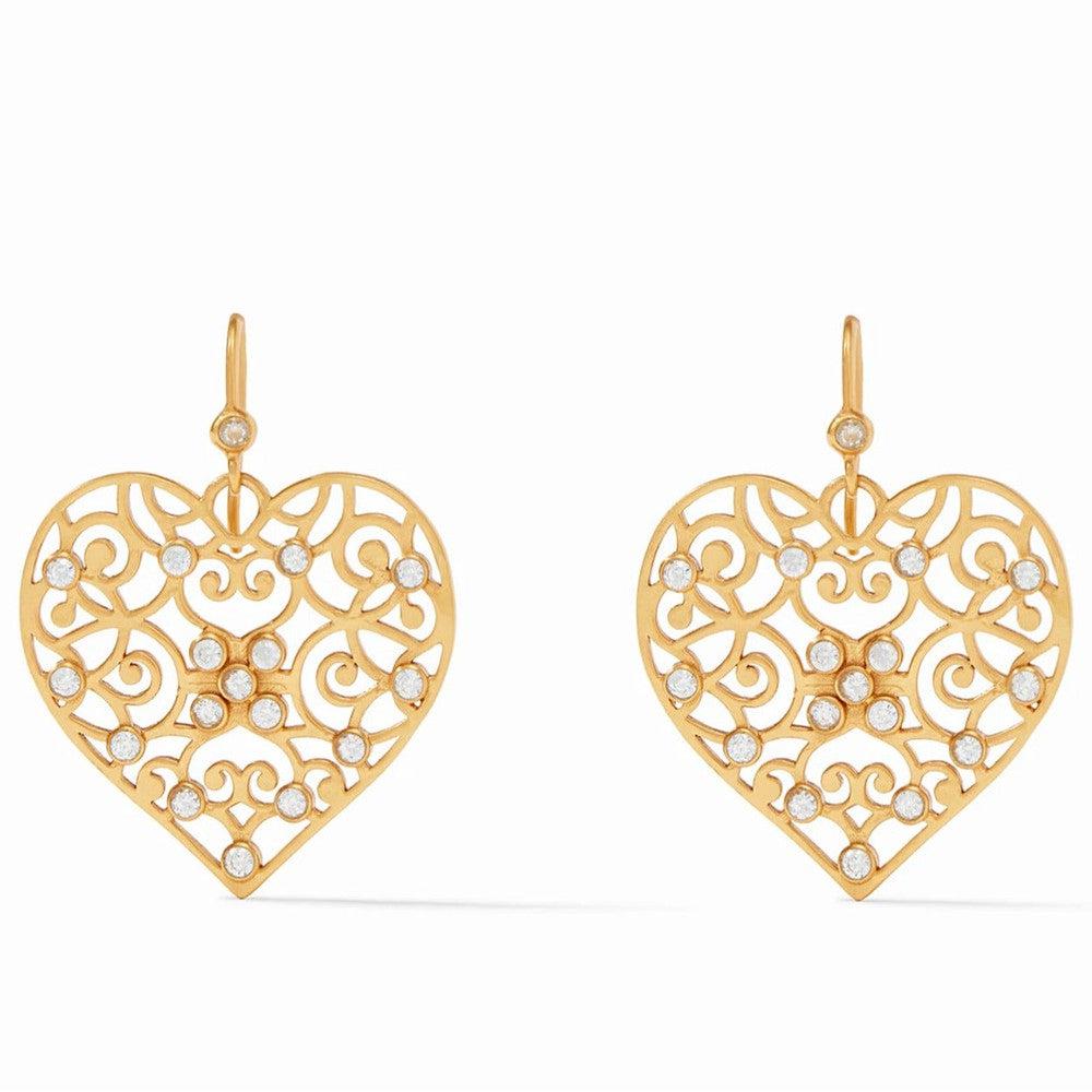 Gold filigree heart earrings with sparkling clear stones.
