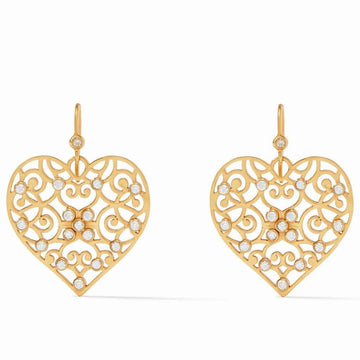 Gold filigree heart earrings with sparkling clear stones.

