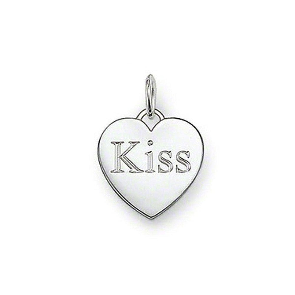 Silver heart pendant necklace with "Kiss" engraved.

