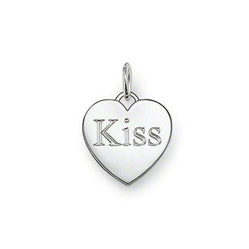 Silver heart pendant necklace with "Kiss" engraved.
