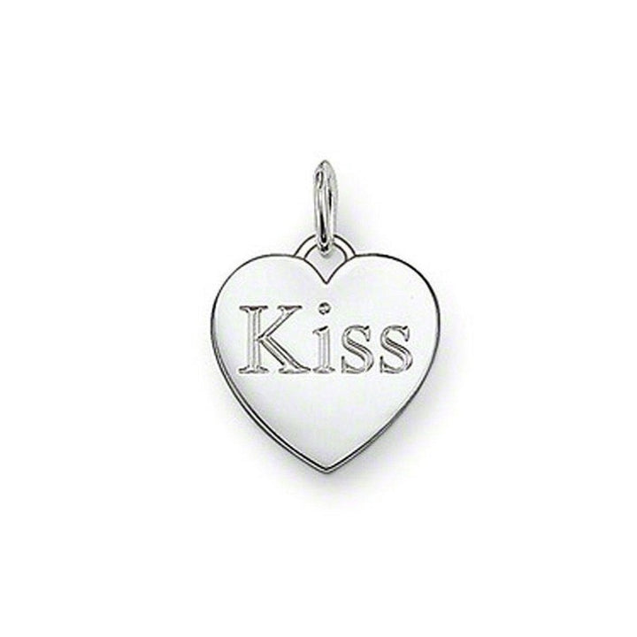 Silver heart pendant necklace with "Kiss" engraved.

