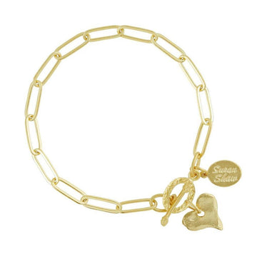 Gold paperclip chain bracelet with heart charm, Susan Shaw
