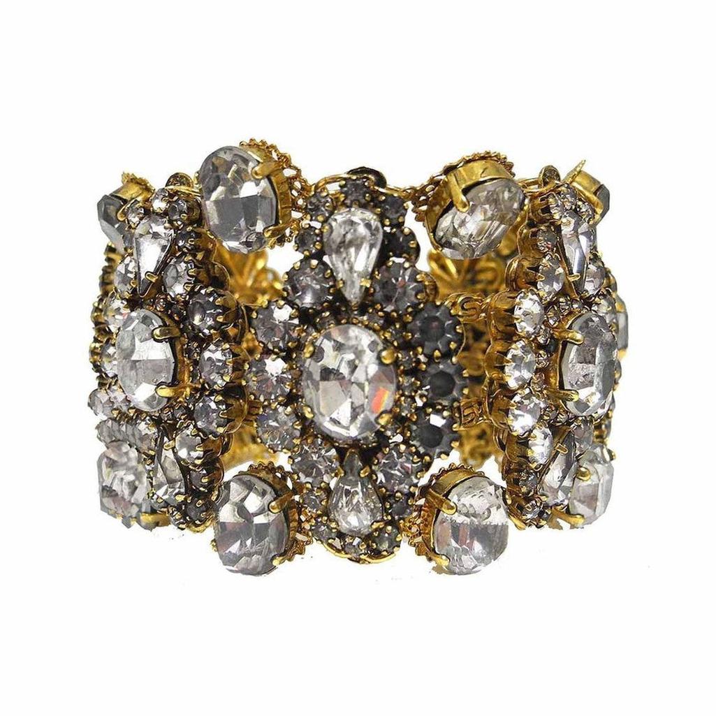 Hello Sweetie gold statement bracelet with clear and gray crystals
