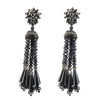Hematite beaded tassel drop clip earrings; black crystal accents
