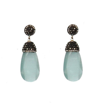 Hematite crystal drop earrings with light blue teardrop stones and black crystal accents.
