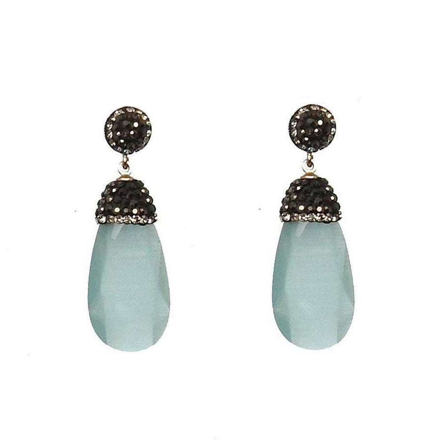 Hematite crystal drop earrings with light blue teardrop stones and black crystal accents.

