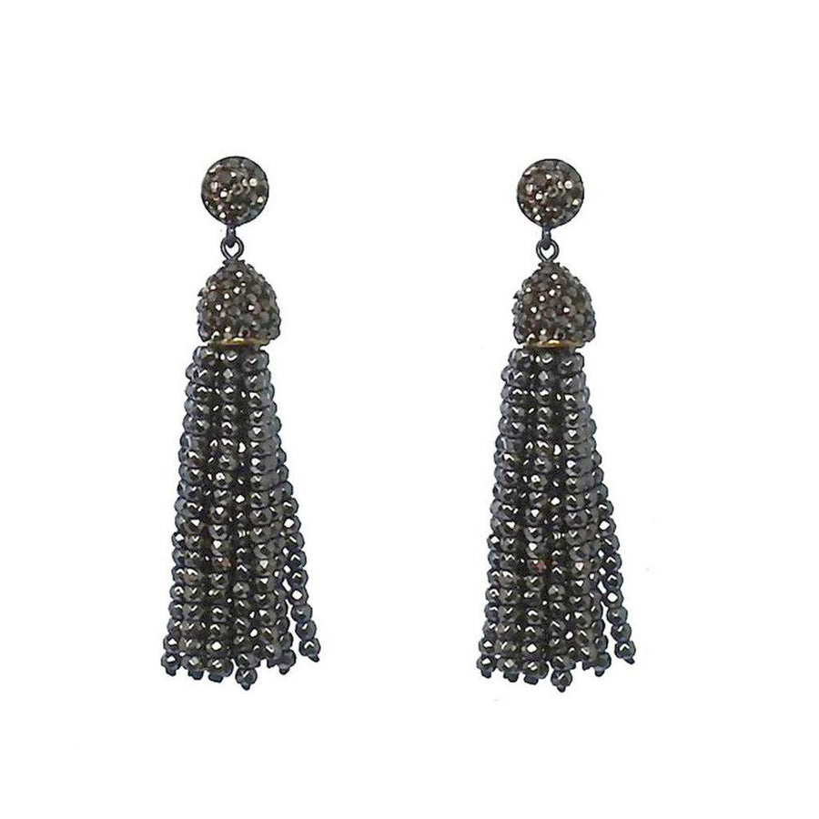 Hematite Tassel Earrings: Dark gray beaded tassel earrings with sparkling accents.
