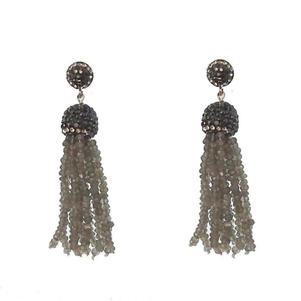 Gray gemstone tassel earrings with dark gray crystal accents.
